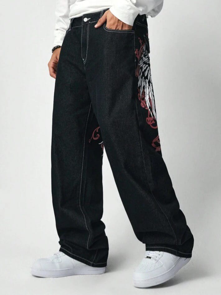 DEVIL-DENIM Men's Grunge Punk Wing Print Pocket Simple Casual Jeans
